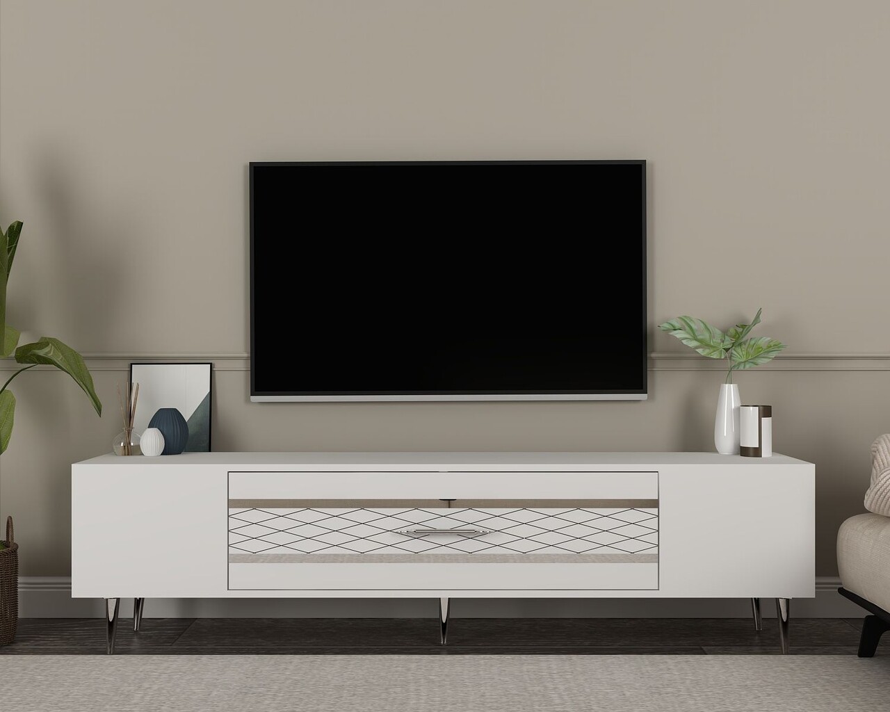 Comoda TV, Hanah Home, Dekolp2, 150x48.2x35 cm, Alb / Argintiu - imagine 7